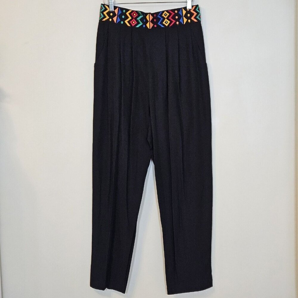 Emblem Pants Women 16 Black Waist Embroidery Tribal Elastic Zip Pleated Boho VTG